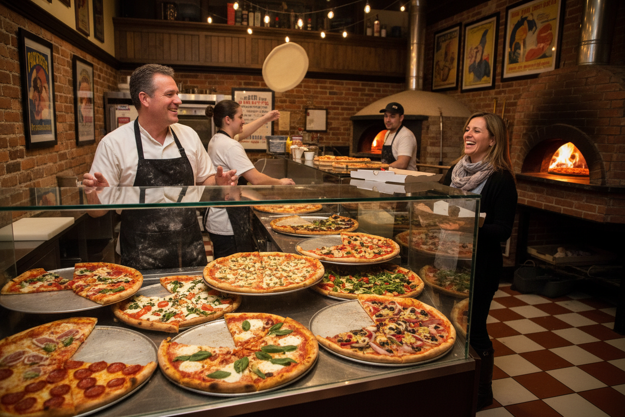 Pizza parlor owner serving customers at counter with variety of pizza slices on display