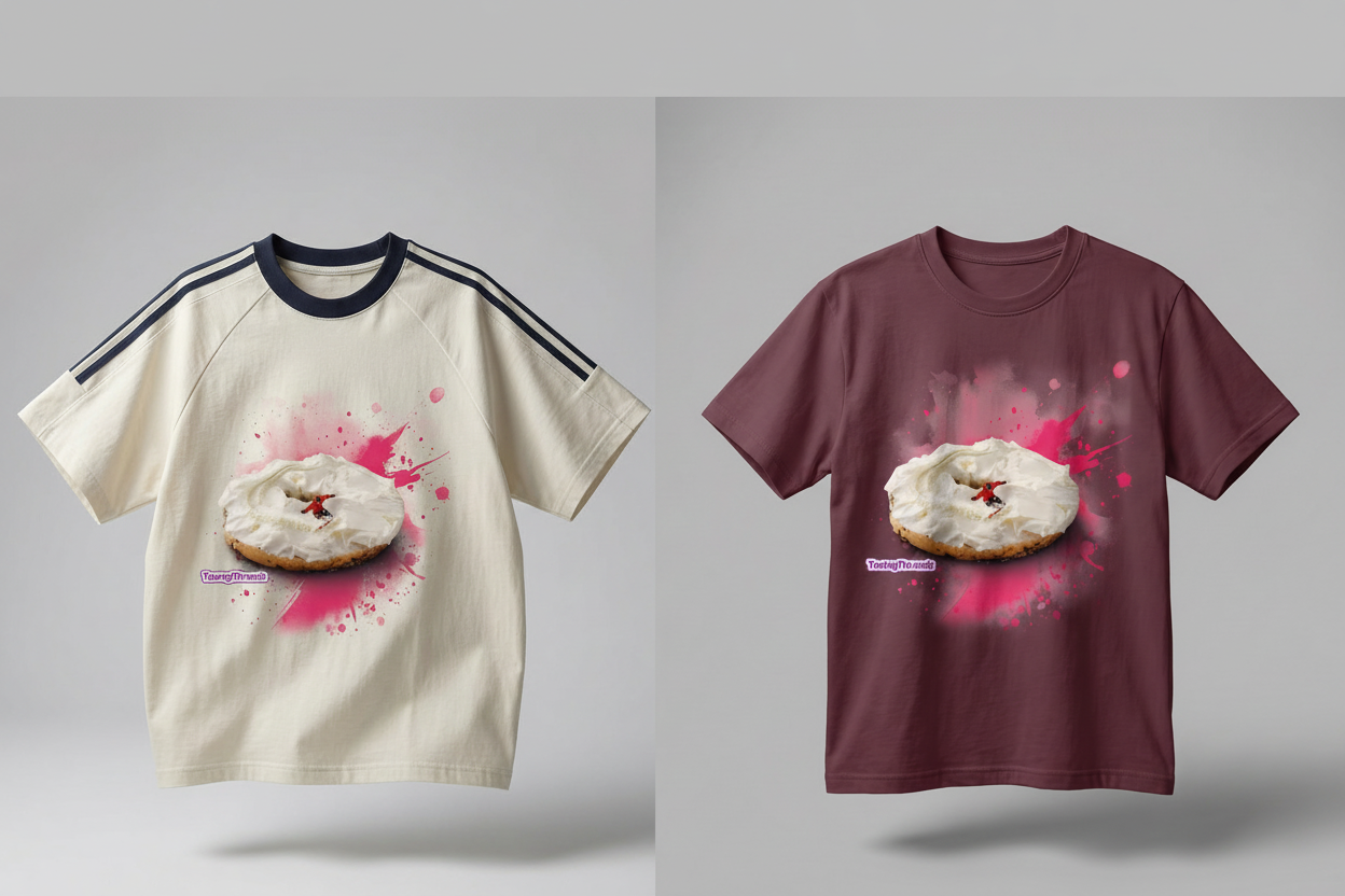 Snowboarder Bagel graphic tee shown in two colorways — cream athletic tee and plum crewneck — with a bagel snowboarder design and pink paint splash, by Tastey Threads