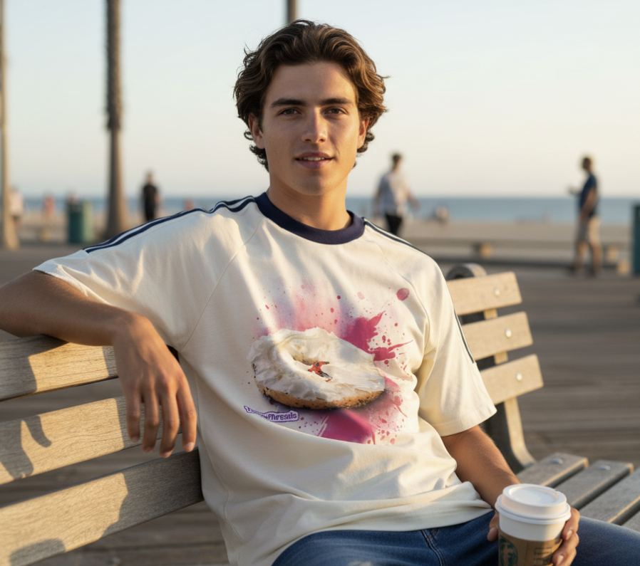 young man sitting on a bench on a beach boardwalk wearing a short sleeve crew neck tee with a bagel with cream cheese, acting as snow for a snowboarder shredding