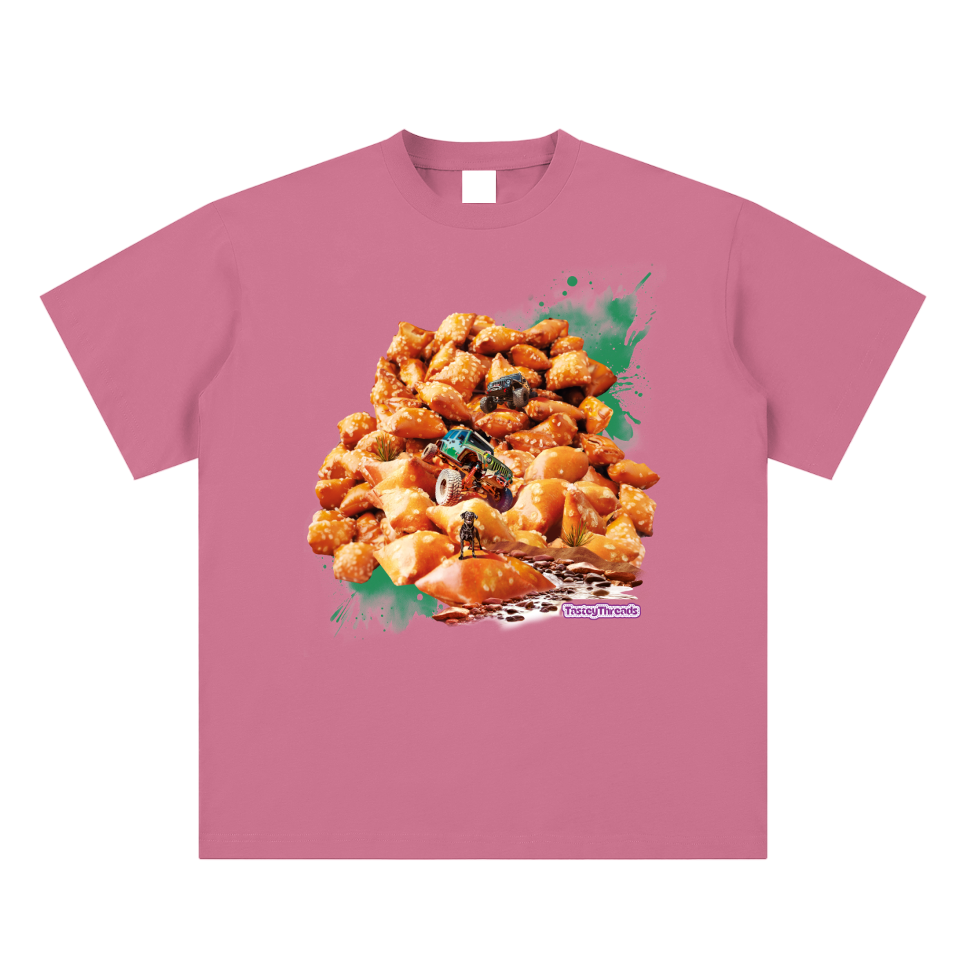 A Tastey Threads  xtreme rock crawling design, on a puff pink super soft suaded cotton tshirt,  it's an ode to the extreme sport of rock crawling but instead of boulders the design includes a rocky pile of pretzel bites on which two extreme jeeps are climbing down and  their faithful black lab is waiting for them at the bottom