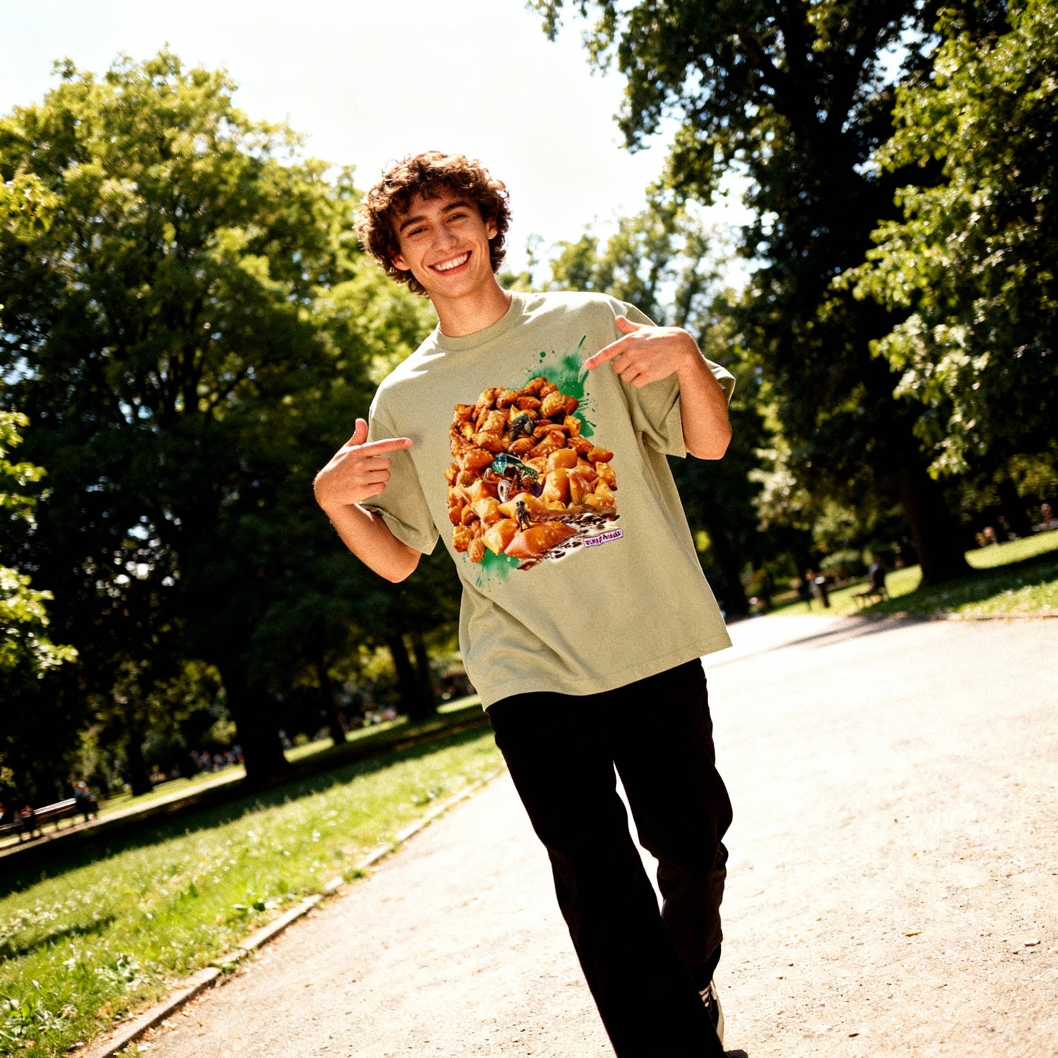 Handsome young man walking in a park with a warm smile and gesturing towards his Tastey Threads xtreme rock crawling green colored tshirt.  This is a super soft suaded cotton tshirt and it's an ode to the extreme sport of rock crawling but instead of boulders the design includes a rocky pile of pretzel bites on which two extreme jeeps are climbing down and  their faithful black lab is waiting for them at the bottom.