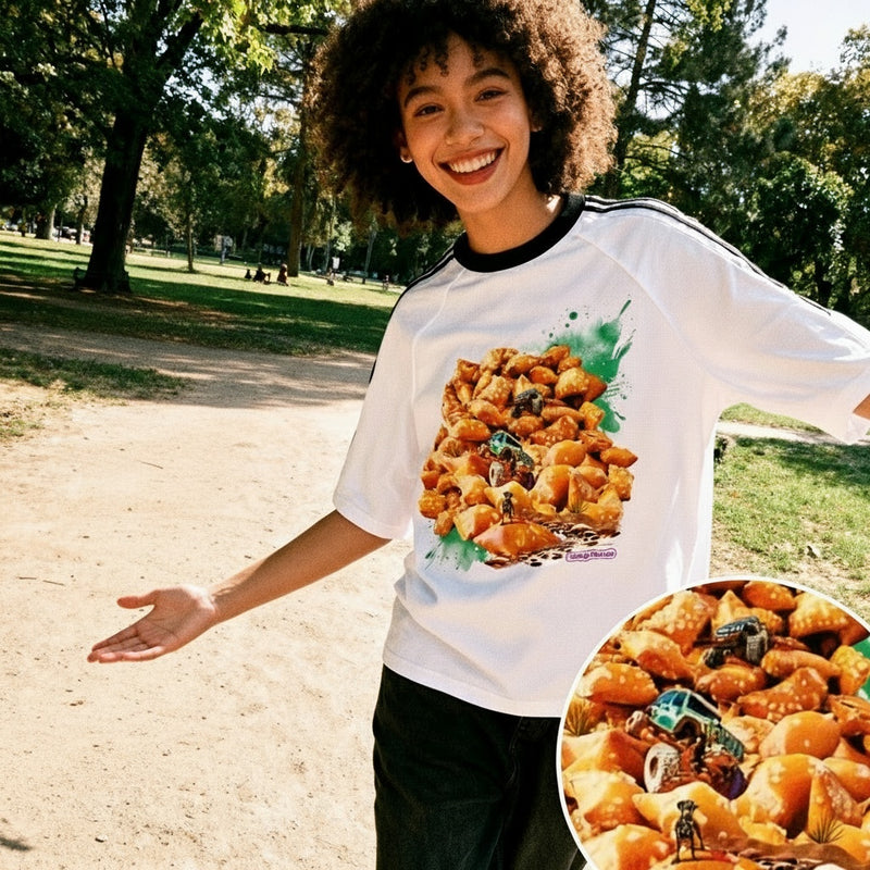 Image of model wearing a white crew neck tee with a design featuring pretzel bites acting as rugged terrain and two rock climbers