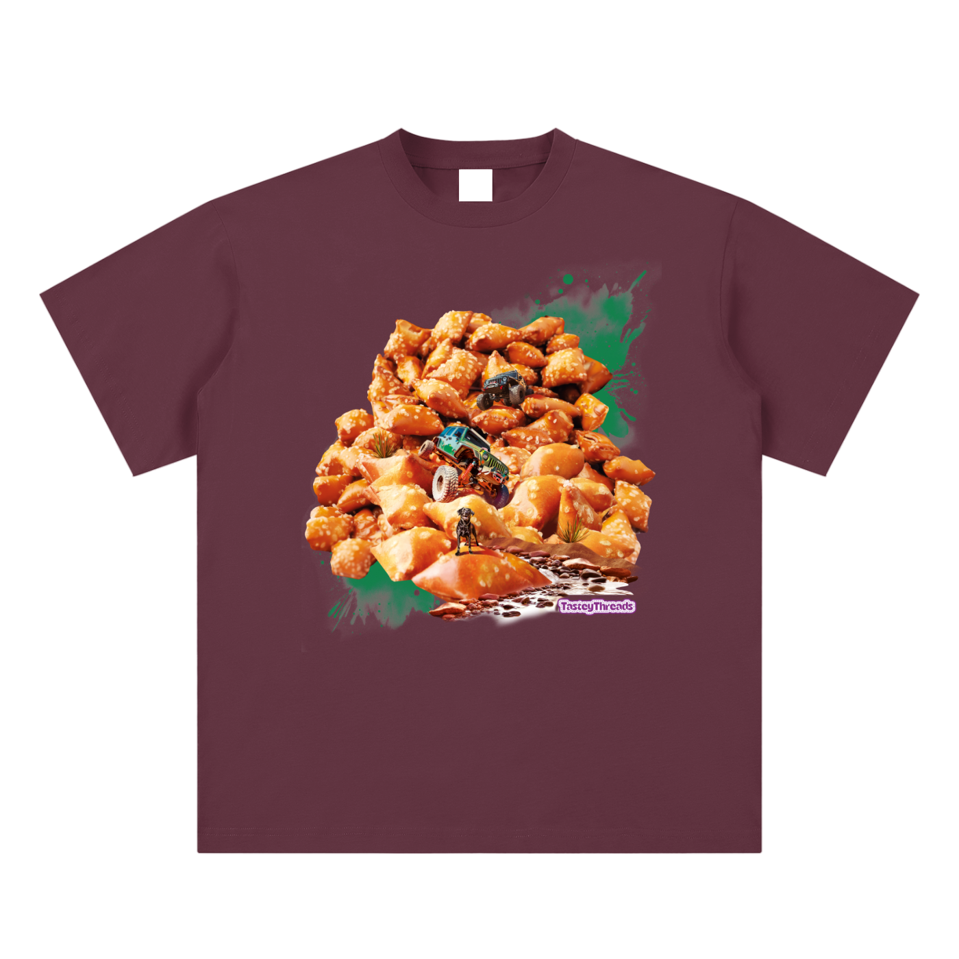 A Tastey Threads  xtreme rock crawling design, on a plumb perfect super soft suaded cotton tshirt,  it's an ode to the extreme sport of rock crawling but instead of boulders the design includes a rocky pile of pretzel bites on which two extreme jeeps are climbing down and  their faithful black lab is waiting for them at the bottom