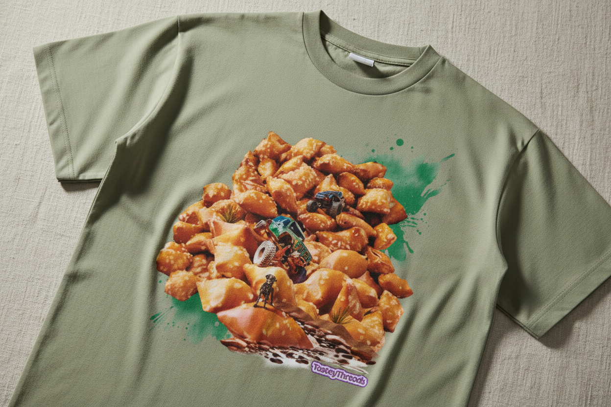 Editorial Close-up Flat-lay of a sieded cotton tee with a design of pretzel bites acting as rugged terrain with two rock crawlers