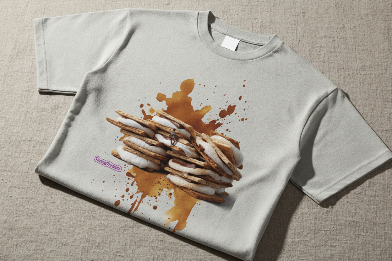 Editorial Close-up Flat-lay of a foldeed tshirt with a design of a stack of smores with a summit climber