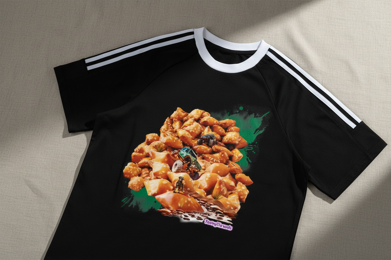 Editorial Flat-lay of a black crew neck tee of pretzel bites acting as rugged terrain with two rock crawlers