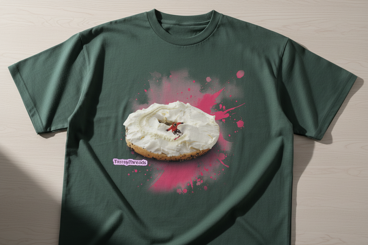 Editorial flat-lay of an everything bagel with cream cheese acting as snow with a snowboarder