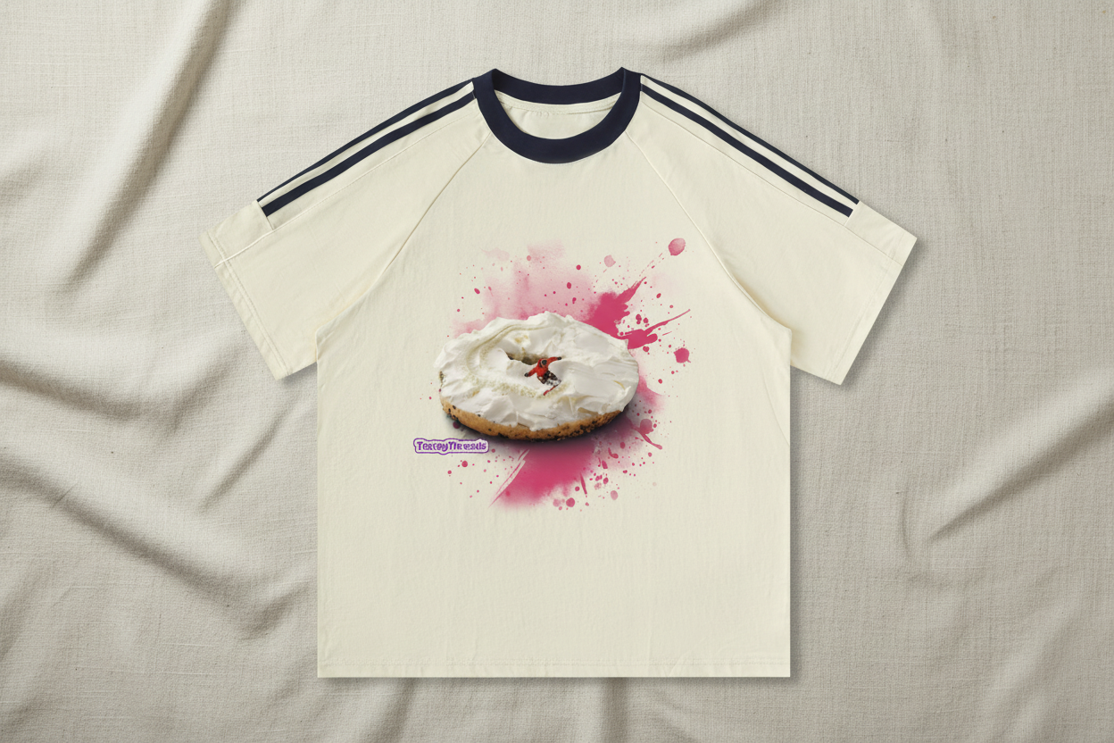 Editorial flat-lay of a cream colored crew neck tee with an everything bagel with cream chesse acting as snow for a snowboarder