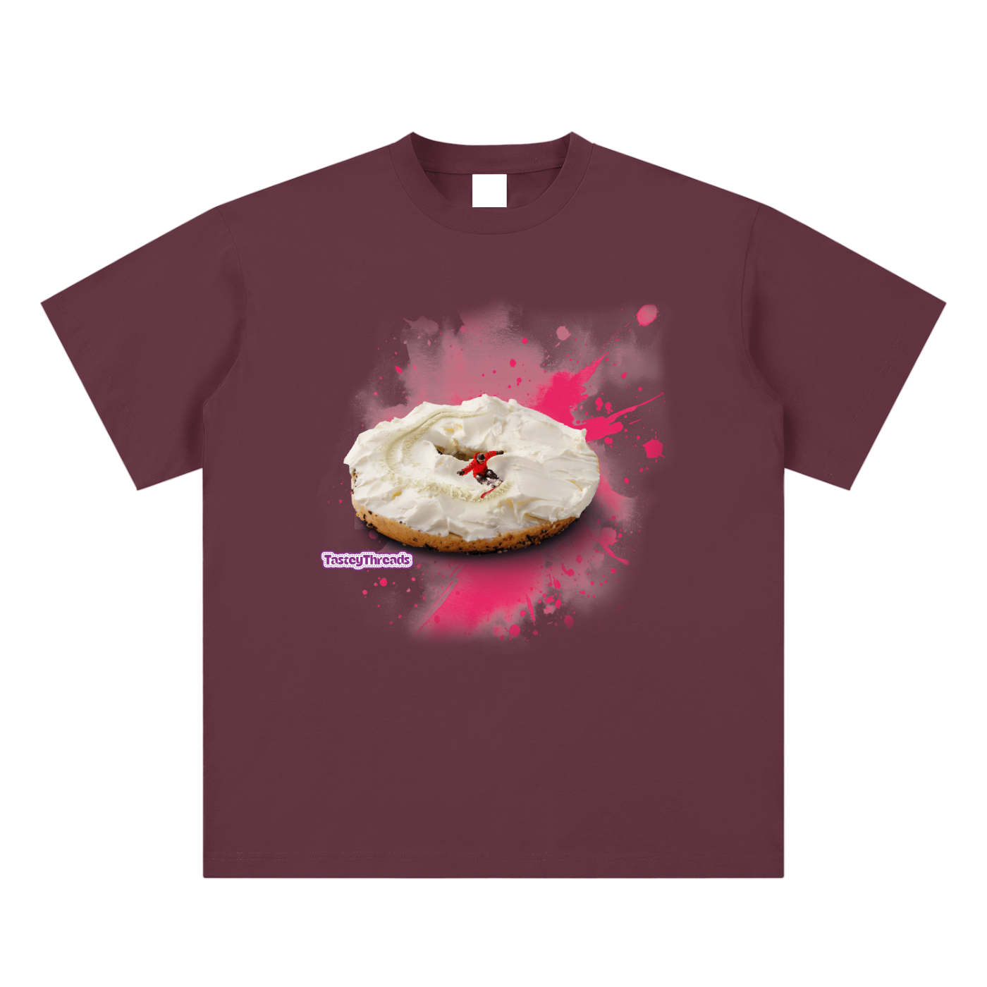 Tastey Threads Backcountry Bagel design, on a plumb perfect super soft suaded cotton t-shirt, the cream cheese on a bagel doubling as snow for the snowboarder to shred on