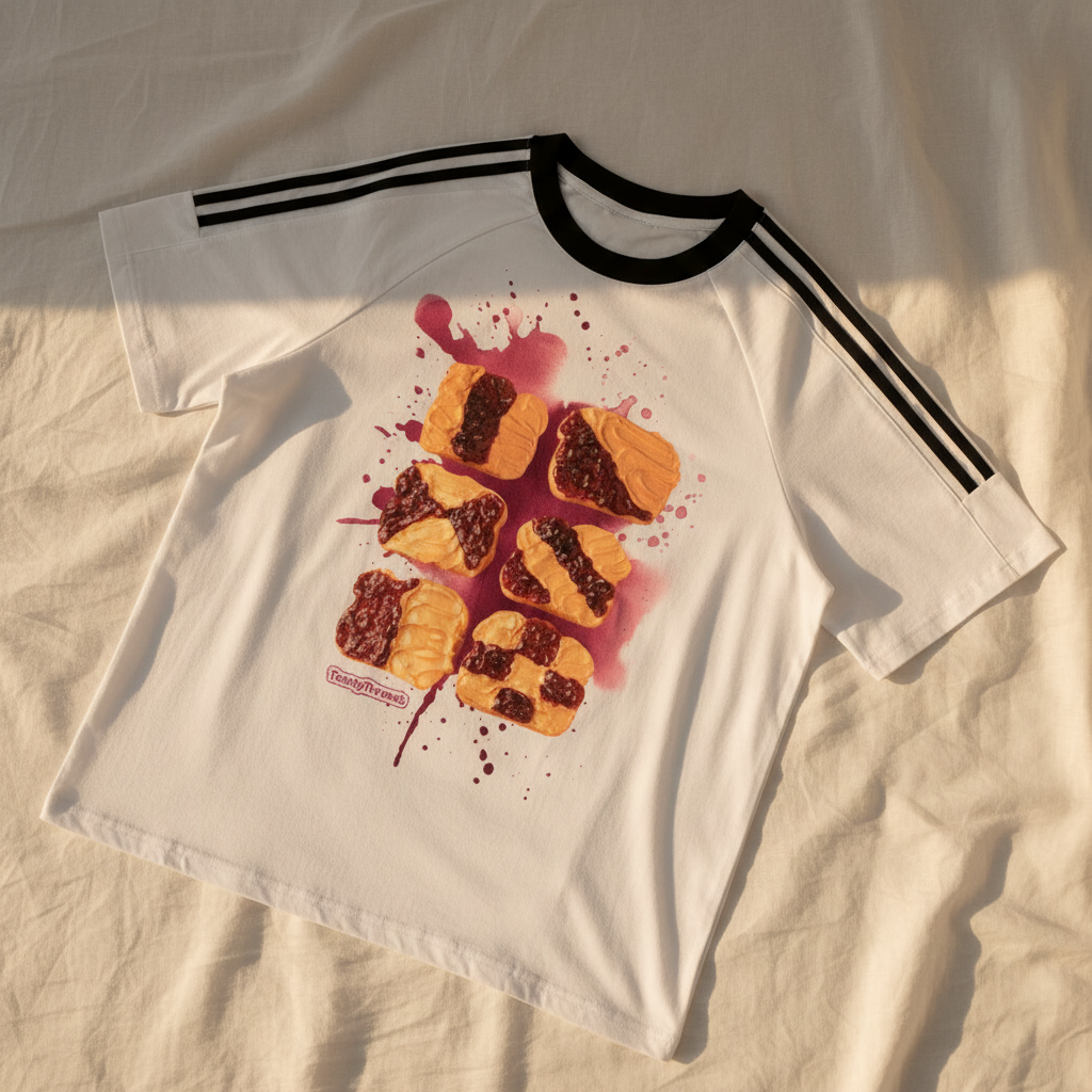 Overhead Flatlay of a  white crew neck with six different slices of peanut butter and jelly designs