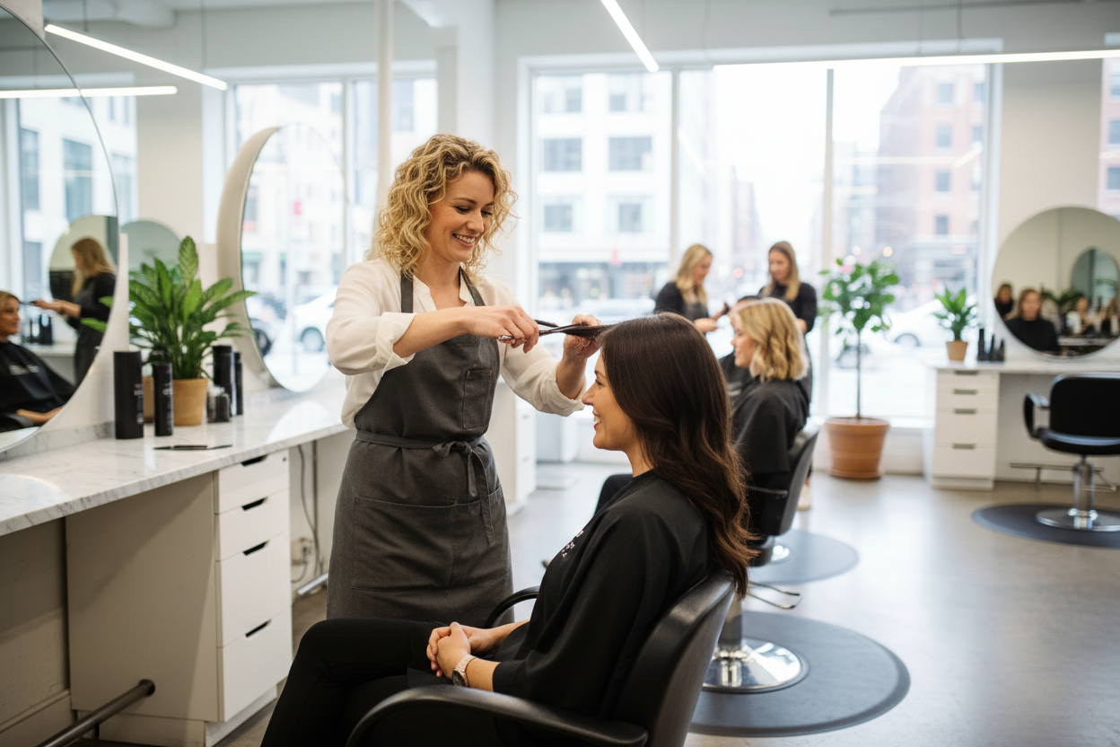 please generate a picture of a female customer getting her hair cut by her female hairdresser