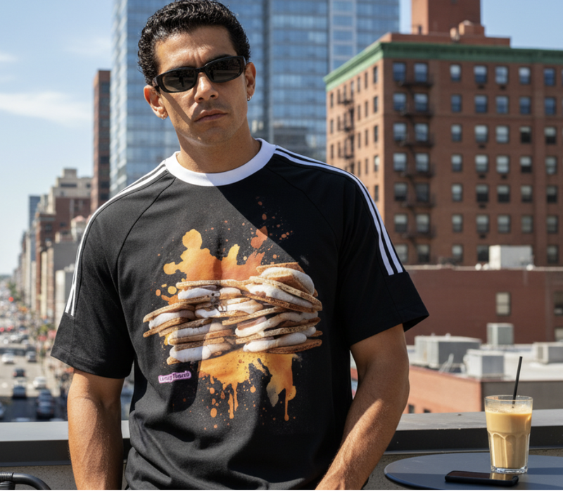 model wearing a black crew neck tee with smores