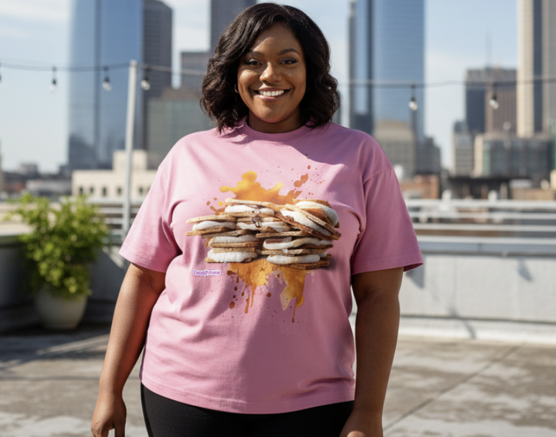 model wearing a pink shirt with smores
