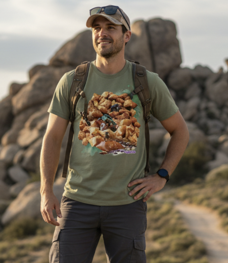 Model wearing tee with design of pretzel bites acting as rugged terrain with two rock crawlers
